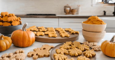 A cozy kitchen setup with homemade pumpkin dog treats, including bone-shaped biscuits and round pumpkin peanut butter cookies. Bowls of pumpkin puree, peanut butter, and oats sit nearby, along with whole pumpkins and sweet potatoes. Soft natural light creates a warm, inviting atmosphere.